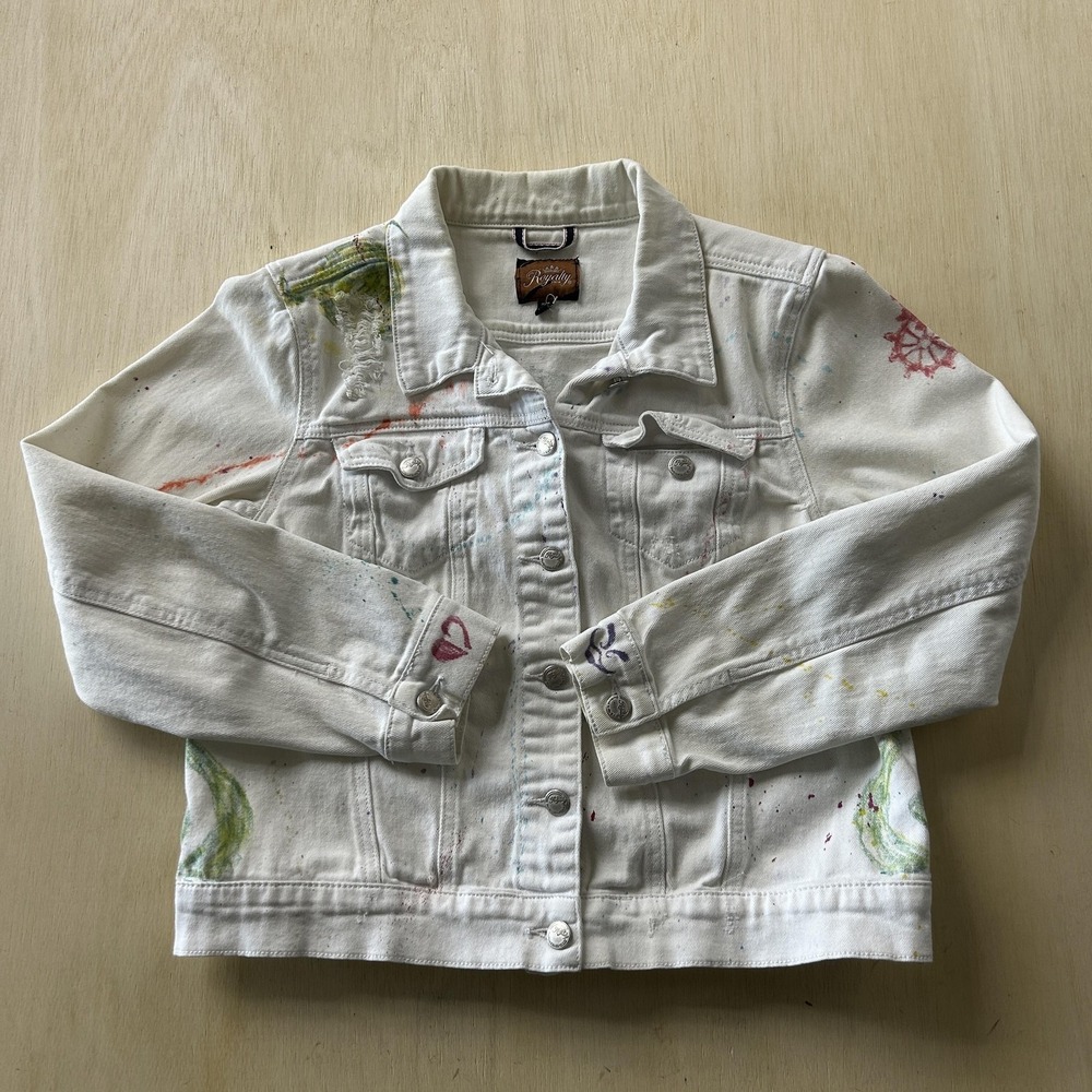 Royalty For Me Jacket Womens Medium White Denim Hand Painted Floral Splatter